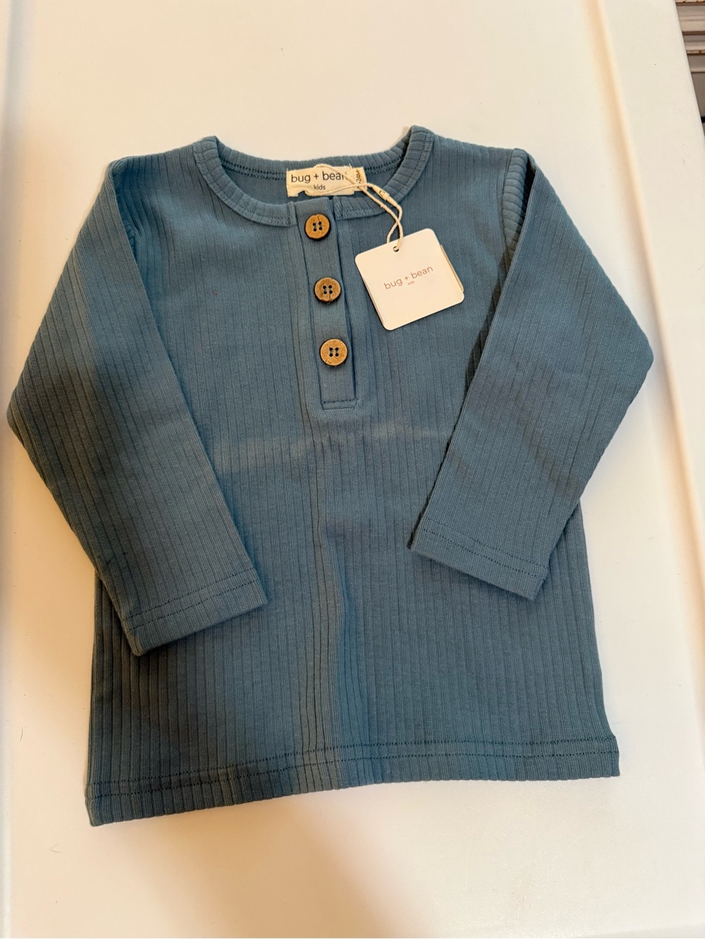 Kids Long-Sleeve Ribbed Henley Top in Blue-Green